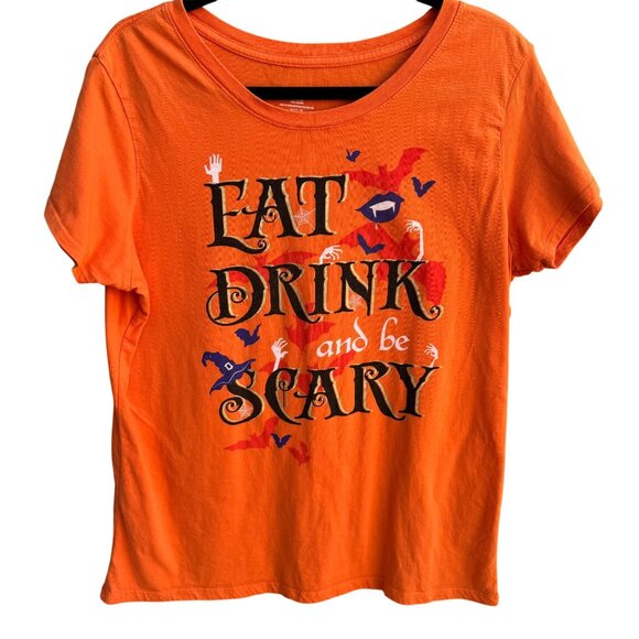 Eat Drink And Be Scary Halloween Orange Cotton Scoop Neck Cap Sleeve Shirt 2X - Picture 1 of 7